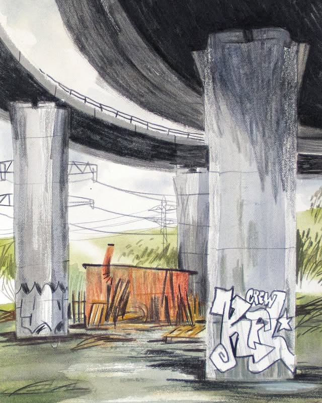 Prostor pod zatočenými viadukty jižní spojky, v neuspořádané zeleni pod betonovými pilíři označenými grafitti je malá oranžovo-hnědá chatka.
